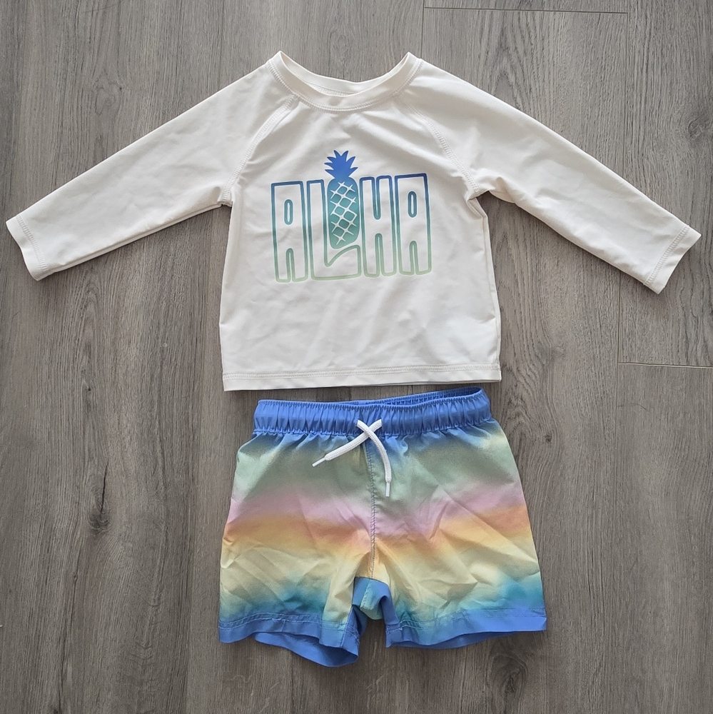 Old Navy Kids Long-Sleeve Rashguard Swim Top and Shorts Set Size 12-18M